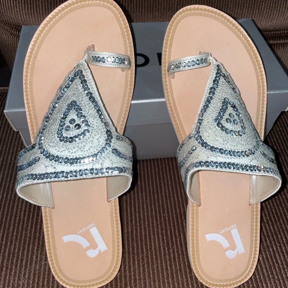 Brand new Report  silver/sequin sandals. Size 10.